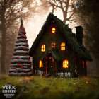 Miniature Thatched Cottage with Christmas Lights in Twilight Forest