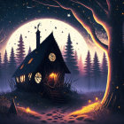 Illustration of cozy cottage in mystical forest at night with glowing windows