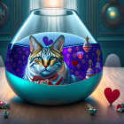 Cat in glass bowl with luxurious items in classical room setting.