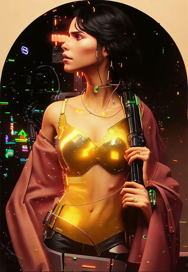 Futuristic woman in golden bodice with neon circuitry, holding high-tech weapon