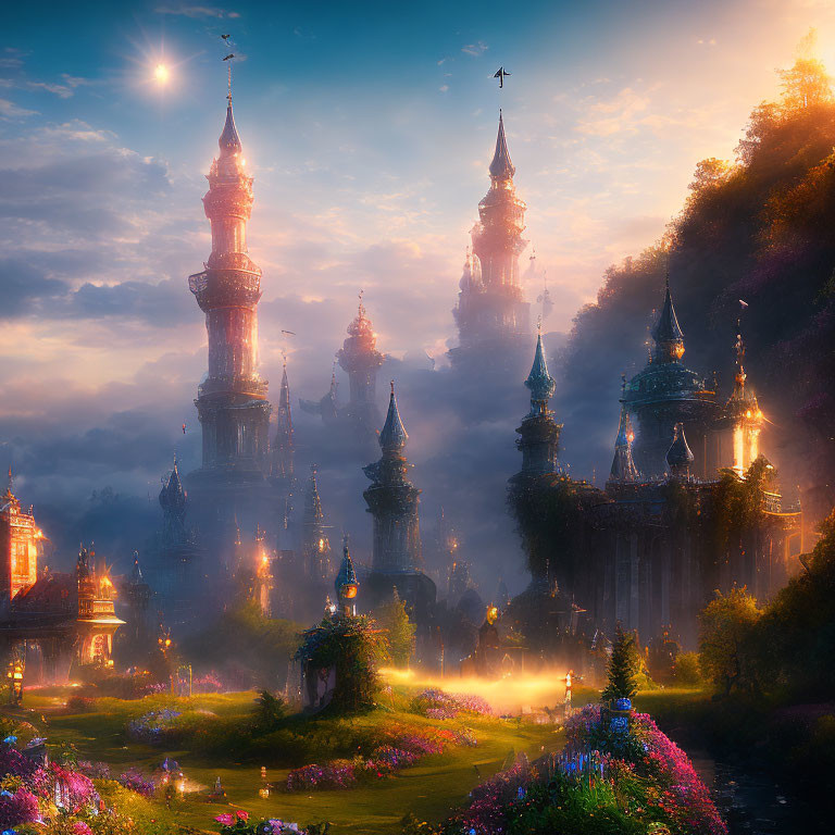 Misty landscape with illuminated towering spires and twilight sky