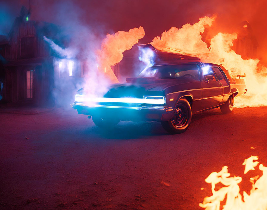 Classic car emits blue smoke against fiery backdrop with small flames.