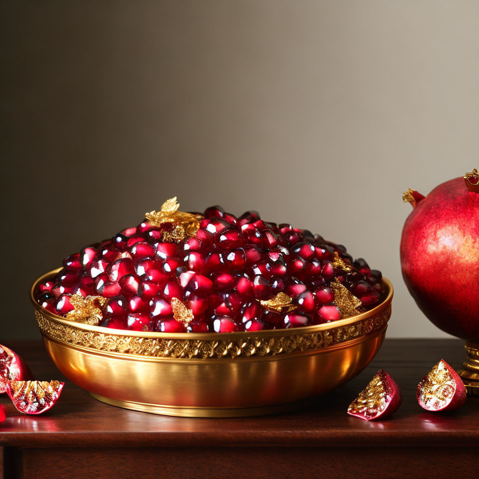 Golden bowl with pomegranate seeds, gold leaves, whole fruit, and segments on brown table