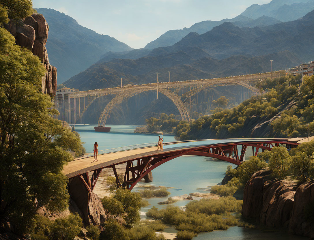 Two people on red bridge over river with arch bridge in background amid mountainous landscape