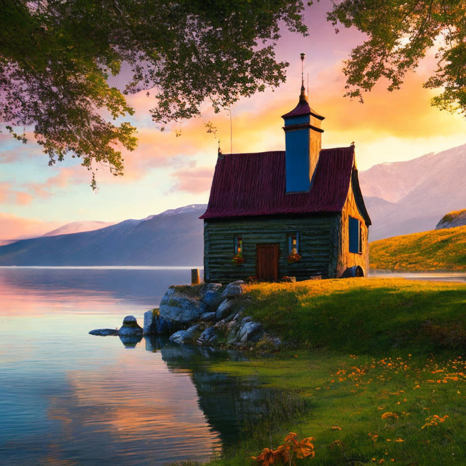 Wooden chapel by tranquil lake at sunset with spire, trees, and mountains.