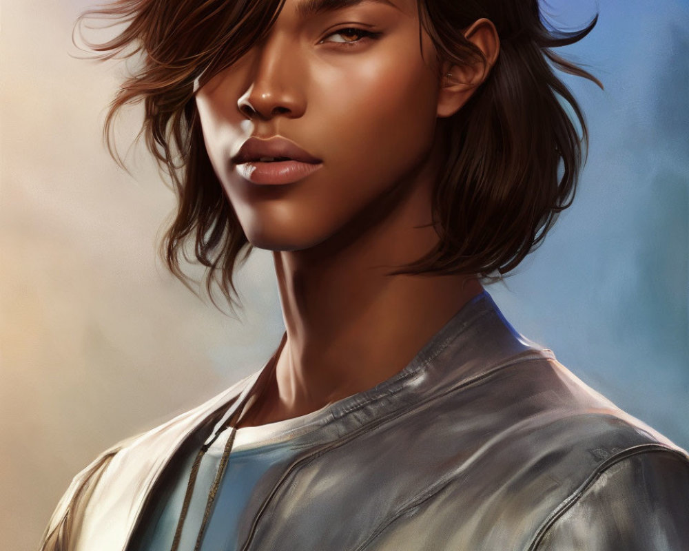 Realistic digital painting of a person with brown hair and gray top