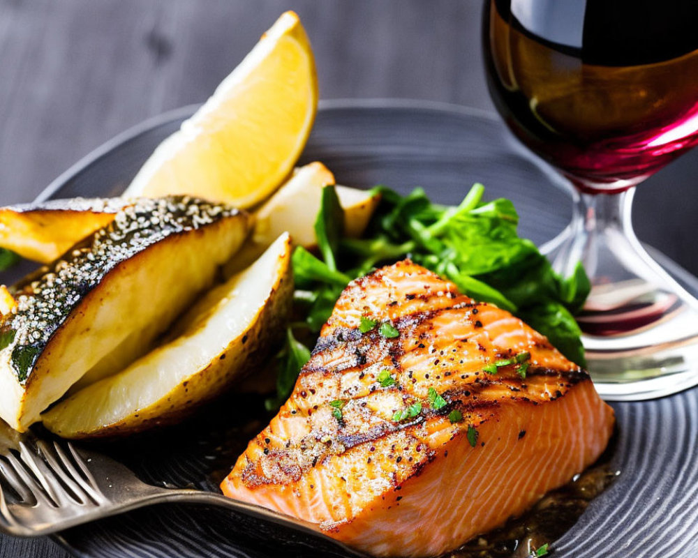 Grilled Salmon Fillet with Herbs, Lemon, Arugula, and Red Wine