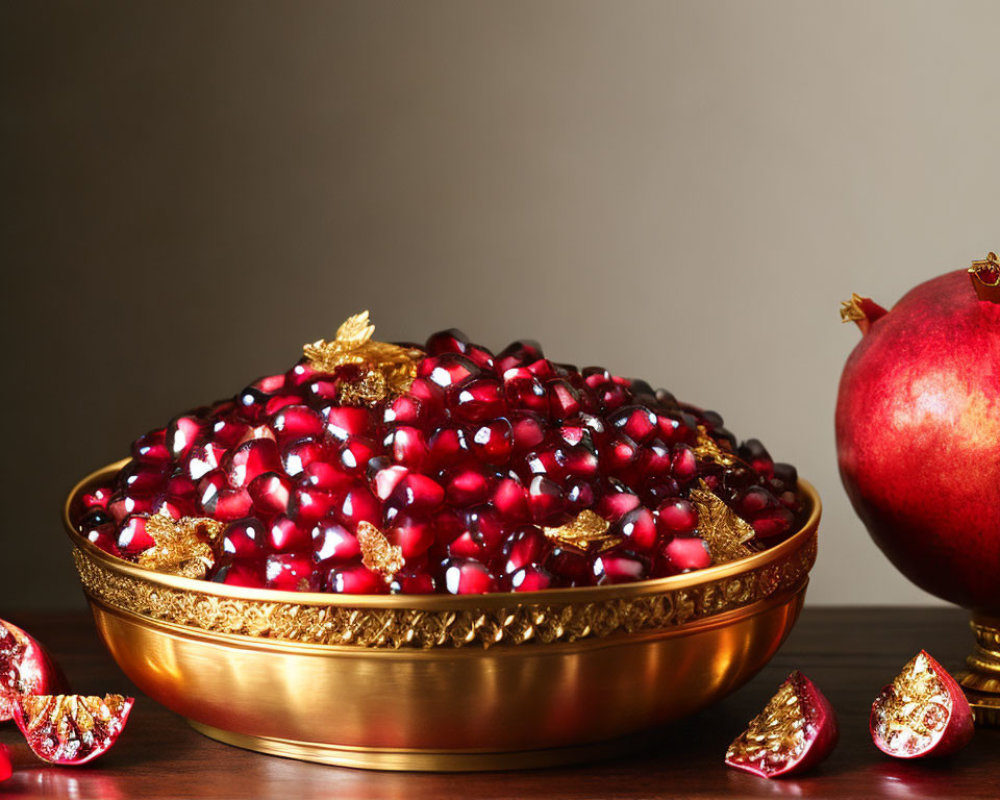 Golden bowl with pomegranate seeds, gold leaves, whole fruit, and segments on brown table