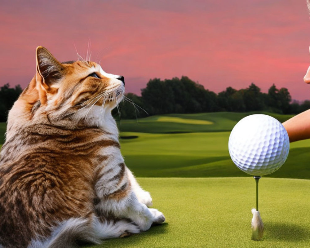 Cat on Golf Course with Golf Ball and Person at Sunset