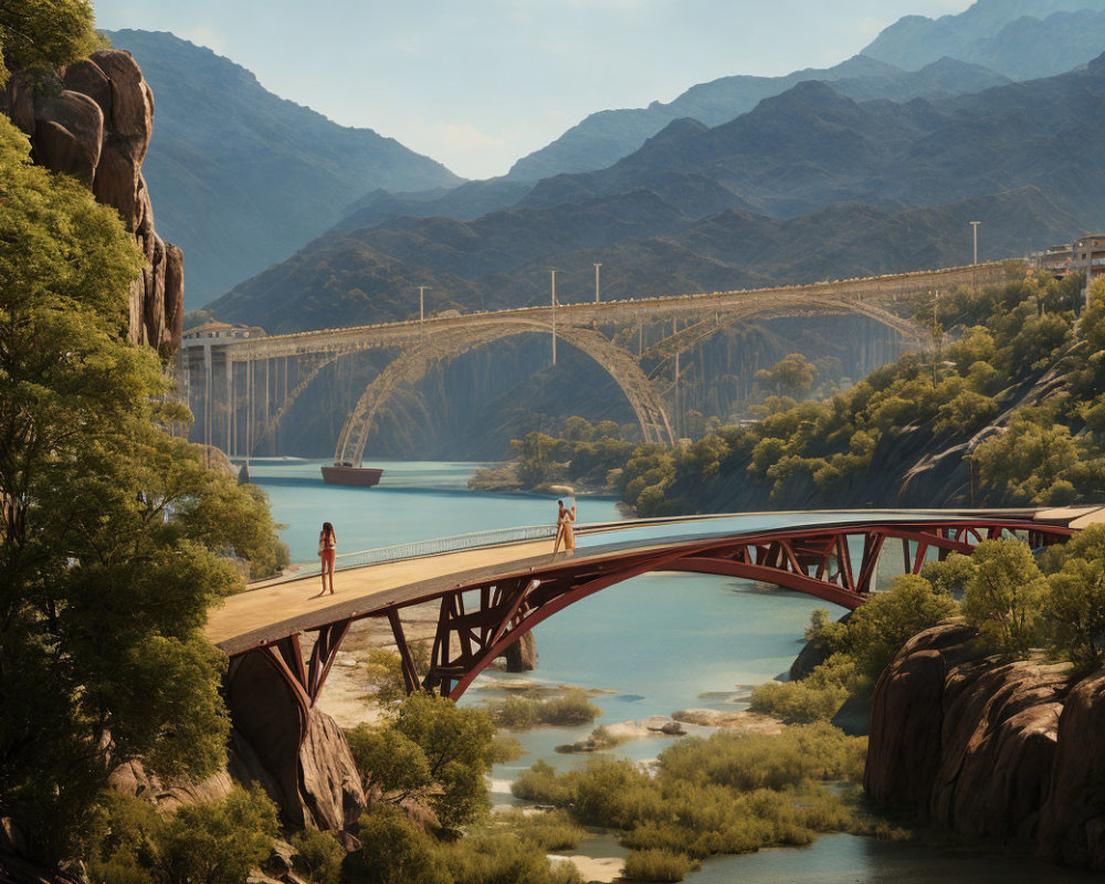 Two people on red bridge over river with arch bridge in background amid mountainous landscape