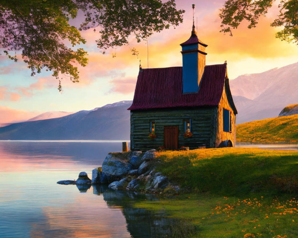 Wooden chapel by tranquil lake at sunset with spire, trees, and mountains.