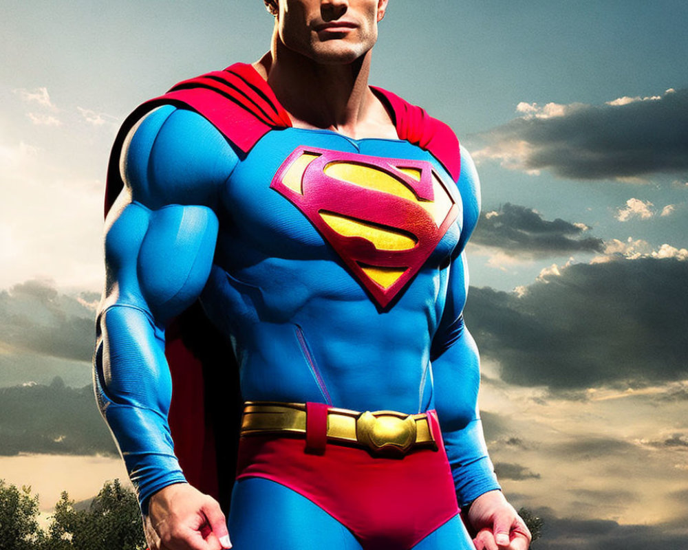 Muscular person in Superman costume with red cape and "S" emblem against cloudy sky.