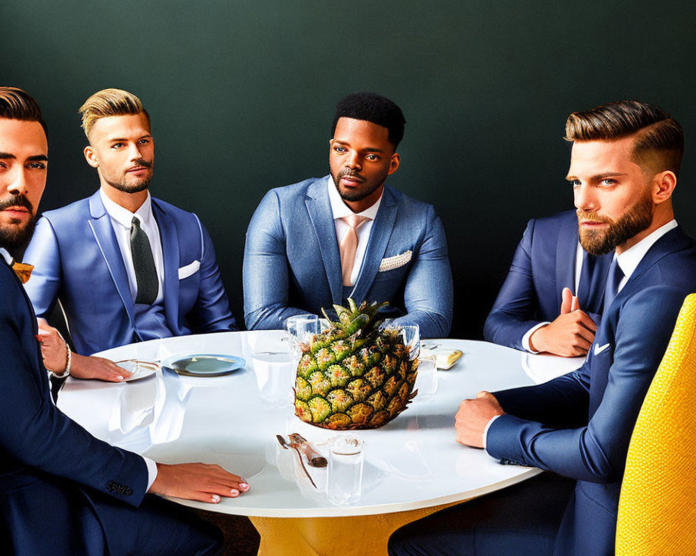 Four Men in Suits Seated Around Table with Pineapple Centerpiece