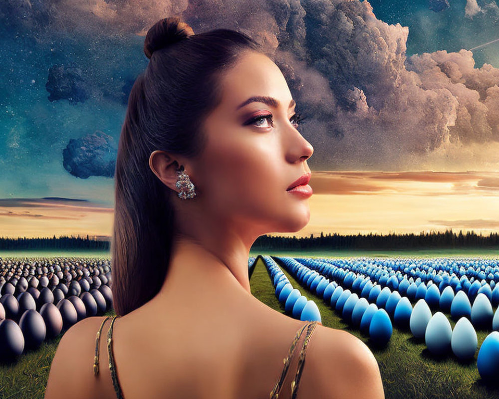 Profile of a Woman in Surreal Landscape with Eggs Field and Dramatic Dusk Sky