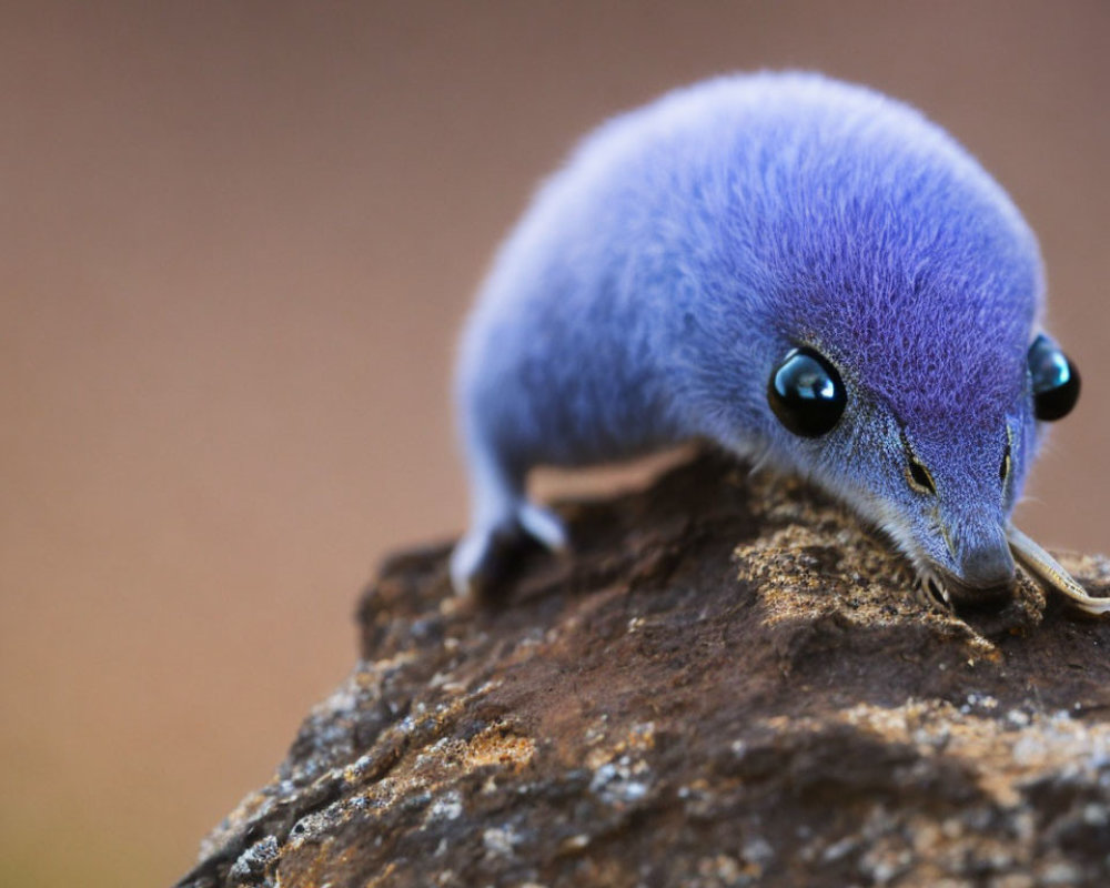 Blue furry creature with large black eyes on brown rock - Digital Artwork