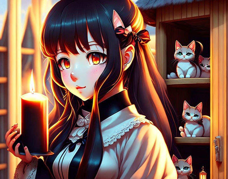 Anime girl with dark hair holding a candle surrounded by kittens in cozy interior