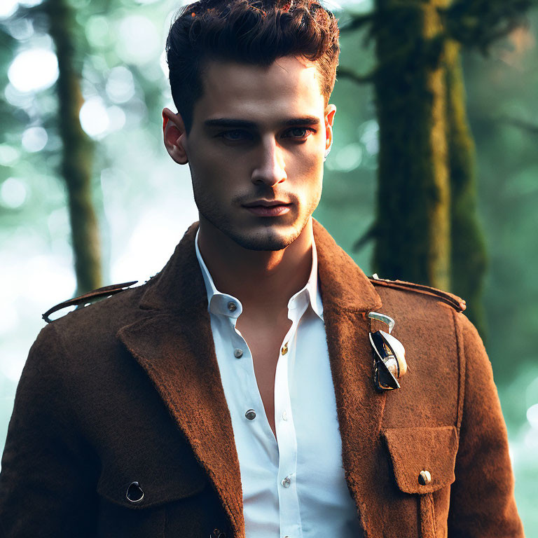 Fashionable man in brown jacket and white shirt outdoors with sunlight filtering through trees