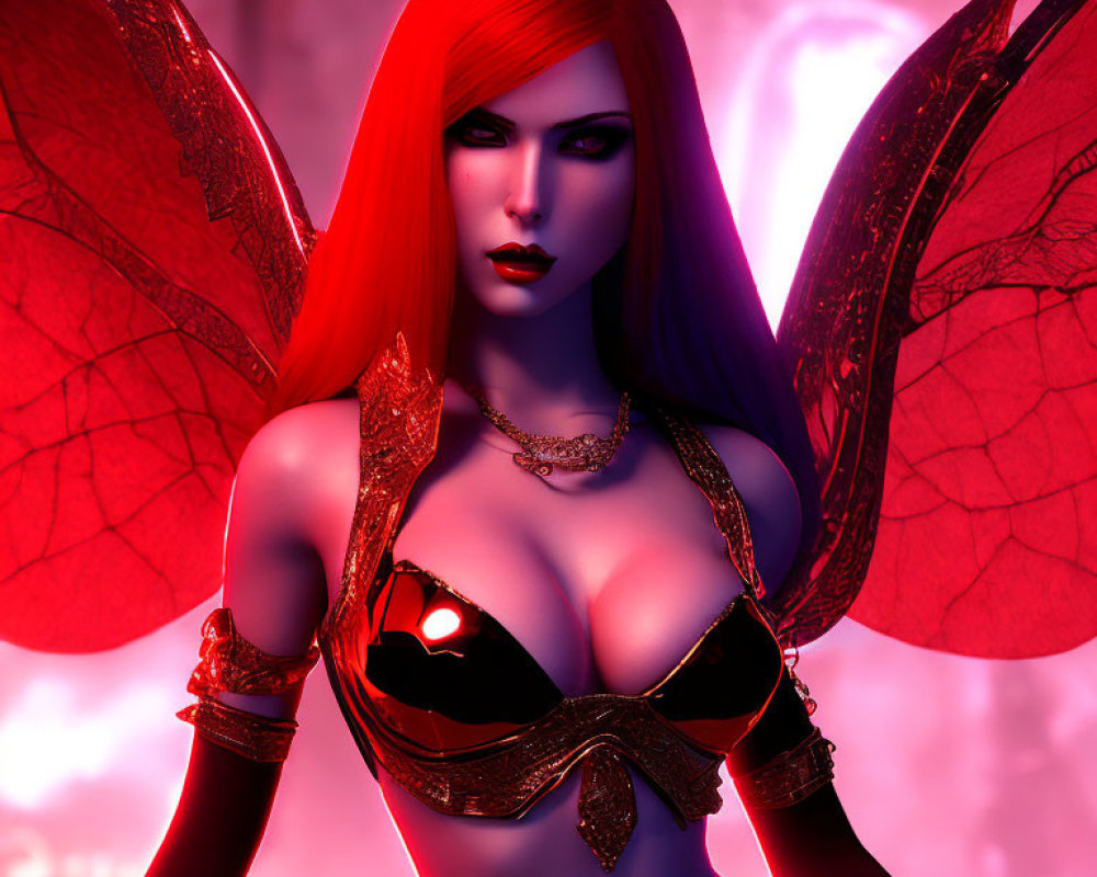 Red-Haired Female Fantasy Character with Wings in Black and Gold Attire on Pink Background