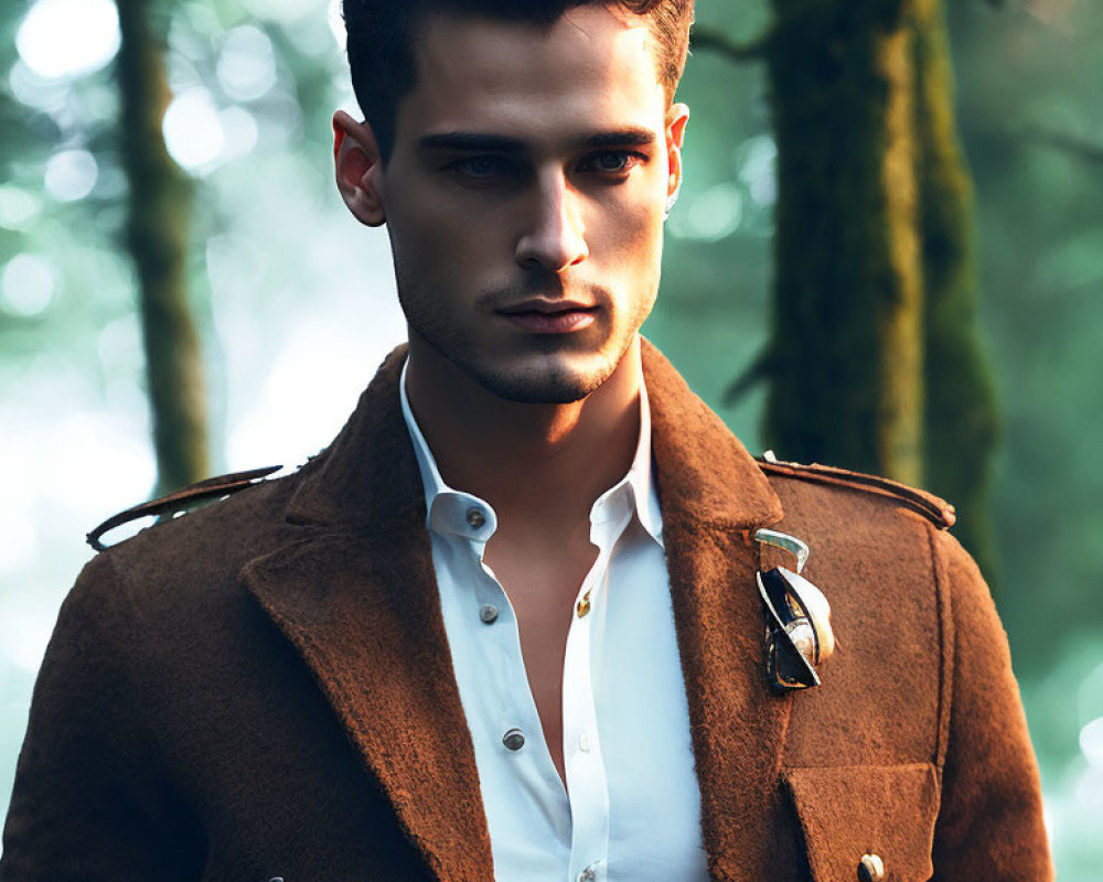 Fashionable man in brown jacket and white shirt outdoors with sunlight filtering through trees