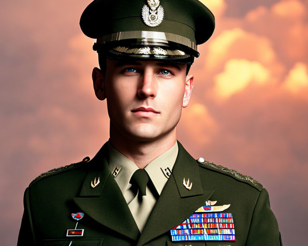 Military man in uniform with medals and cap against cloudy sky.