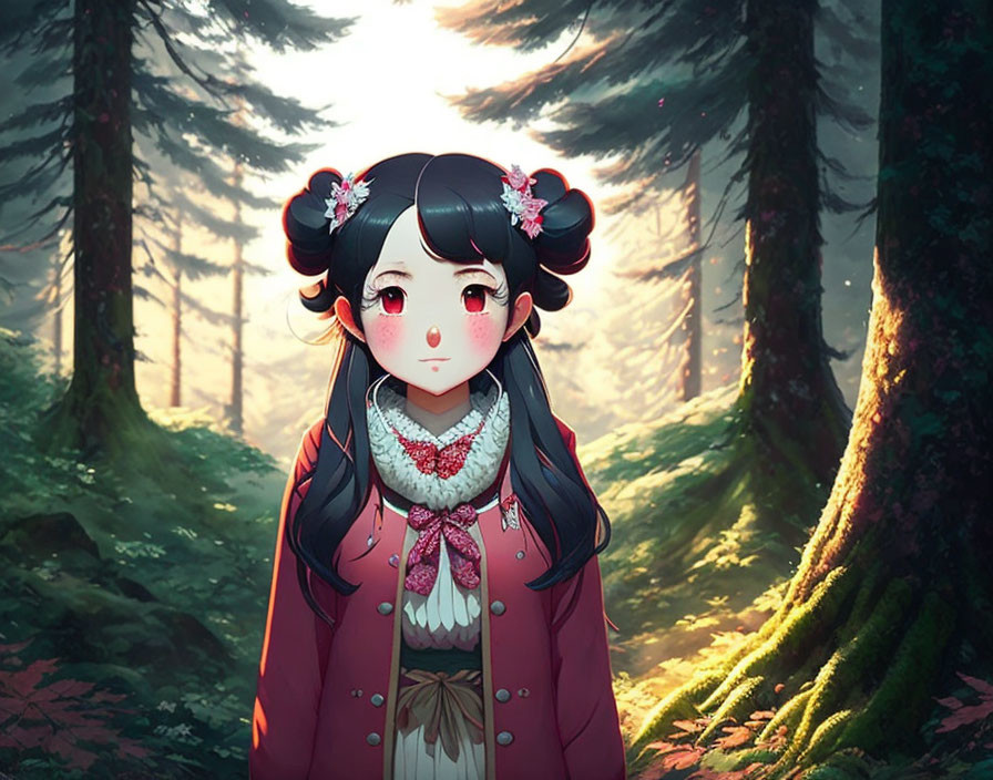 Dark-haired animated girl with red cheeks in sunlit forest with floral hair accessories