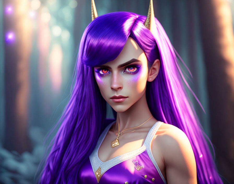 Fantasy digital art: Purple-haired female character with horns in enchanted forest