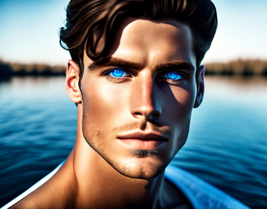 Male digital art: Striking blue eyes, defined jawline, calm blue lake.