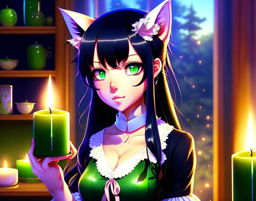 Anime-style girl with cat ears holding a candle at twilight