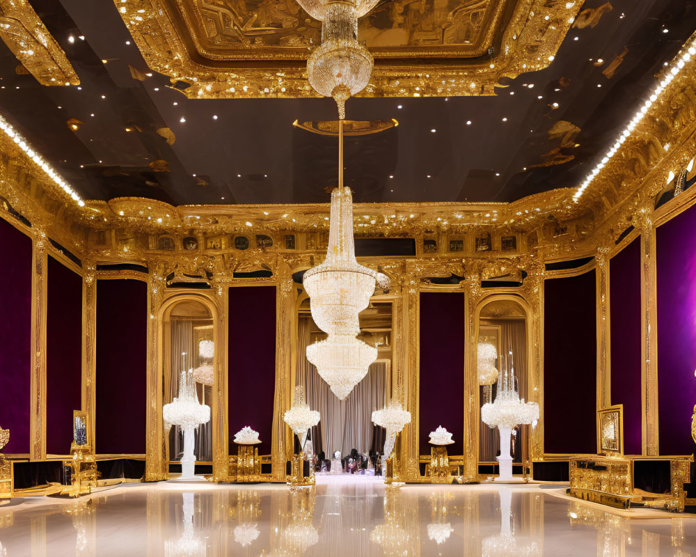 Luxurious Hall with Golden Trim, Grand Chandeliers, Purple Drapes, Glossy Floor