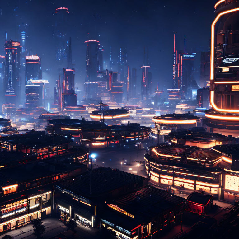 Nighttime Futuristic Cityscape with Illuminated Skyscrapers and Neon Lights