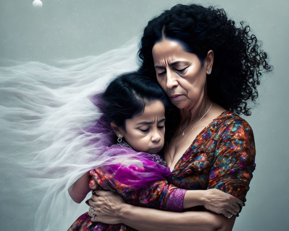 Woman and girl embrace with somber expressions against gray backdrop