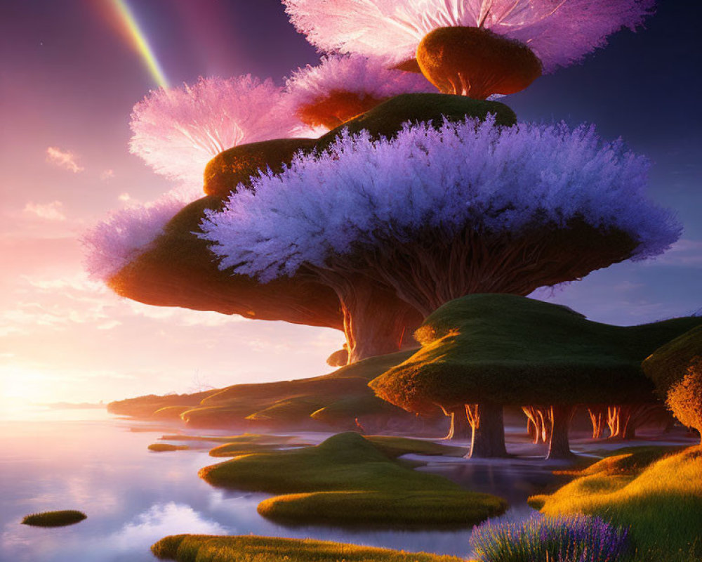 Vibrant pink-topped trees on island-like formations at sunset with rainbow in sky