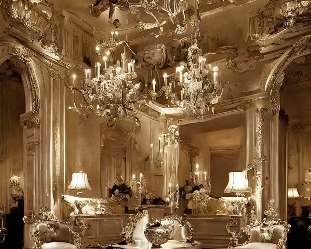 Luxurious Baroque Room with Gold Detailing and Chandeliers