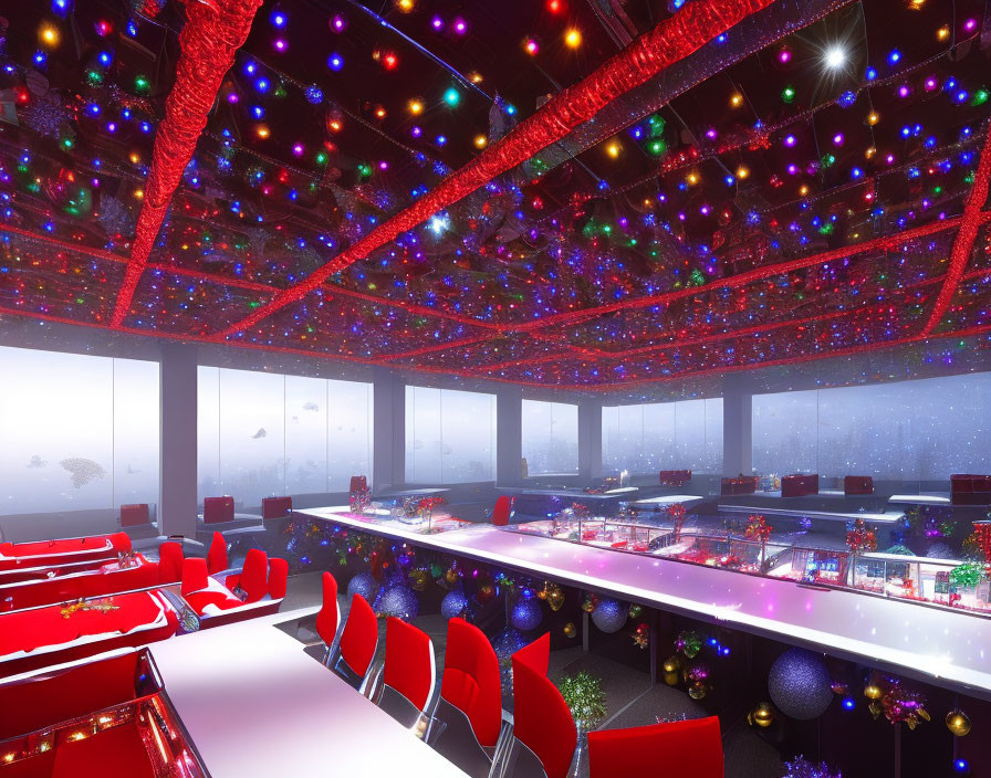 Modern Restaurant Interior with Starry Ceiling & Red Seating