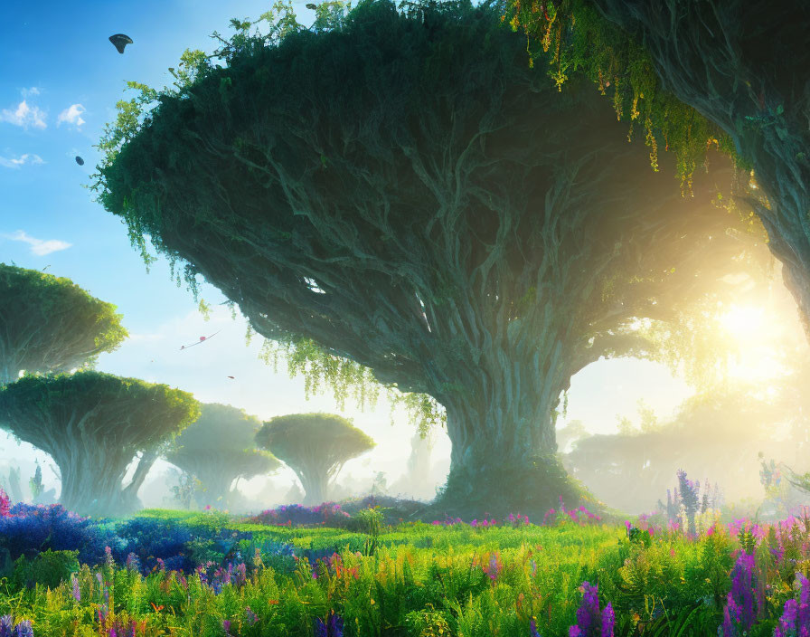 Majestic trees in misty landscape with colorful meadow