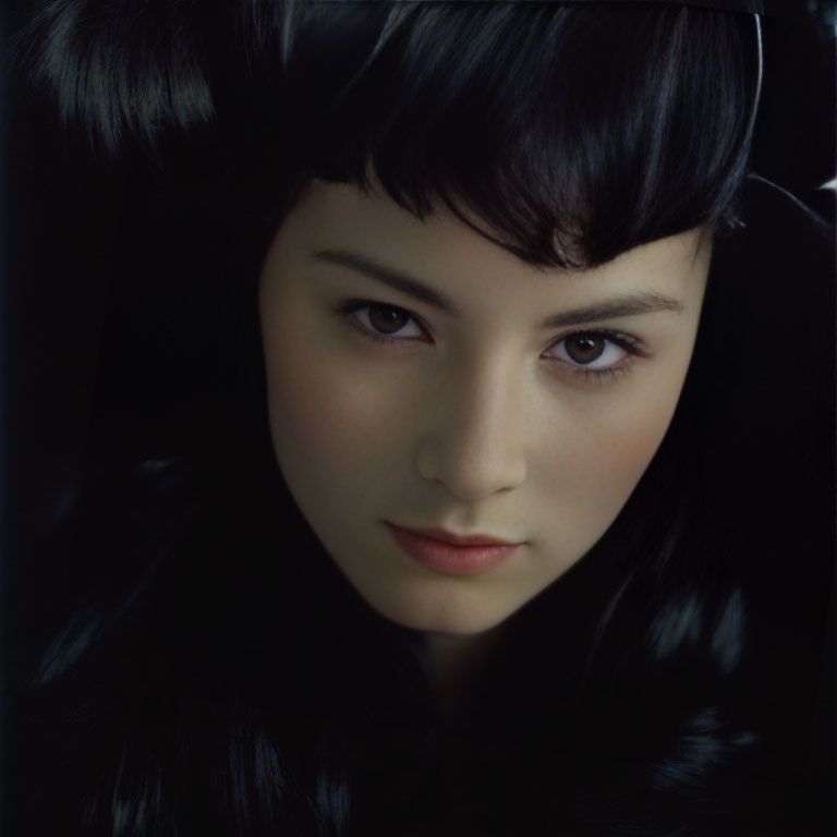 Dark-haired woman with pale skin and intense gaze against dark background