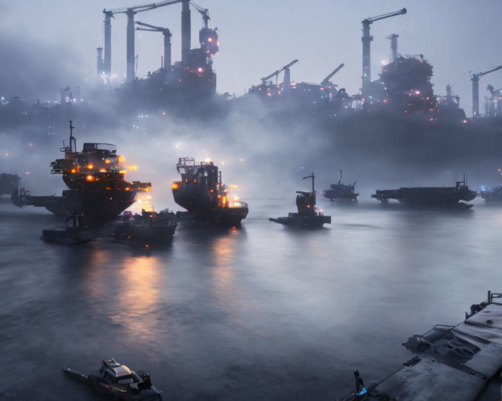 Industrial harbor at dusk: cranes, ships, and boats under hazy sky