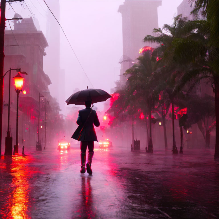 Pedestrian with umbrella on rain-drenched street at dusk
