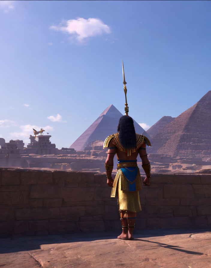 Ancient Egyptian warrior in traditional attire gazes at pyramids and soaring bird
