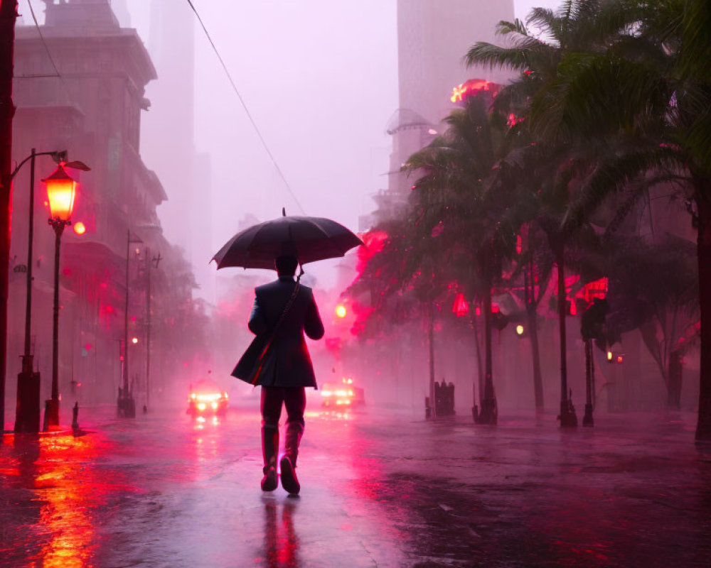 Pedestrian with umbrella on rain-drenched street at dusk