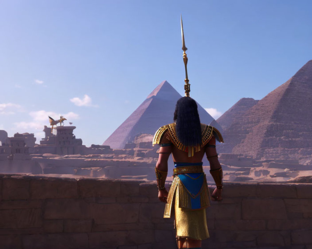 Ancient Egyptian warrior in traditional attire gazes at pyramids and soaring bird