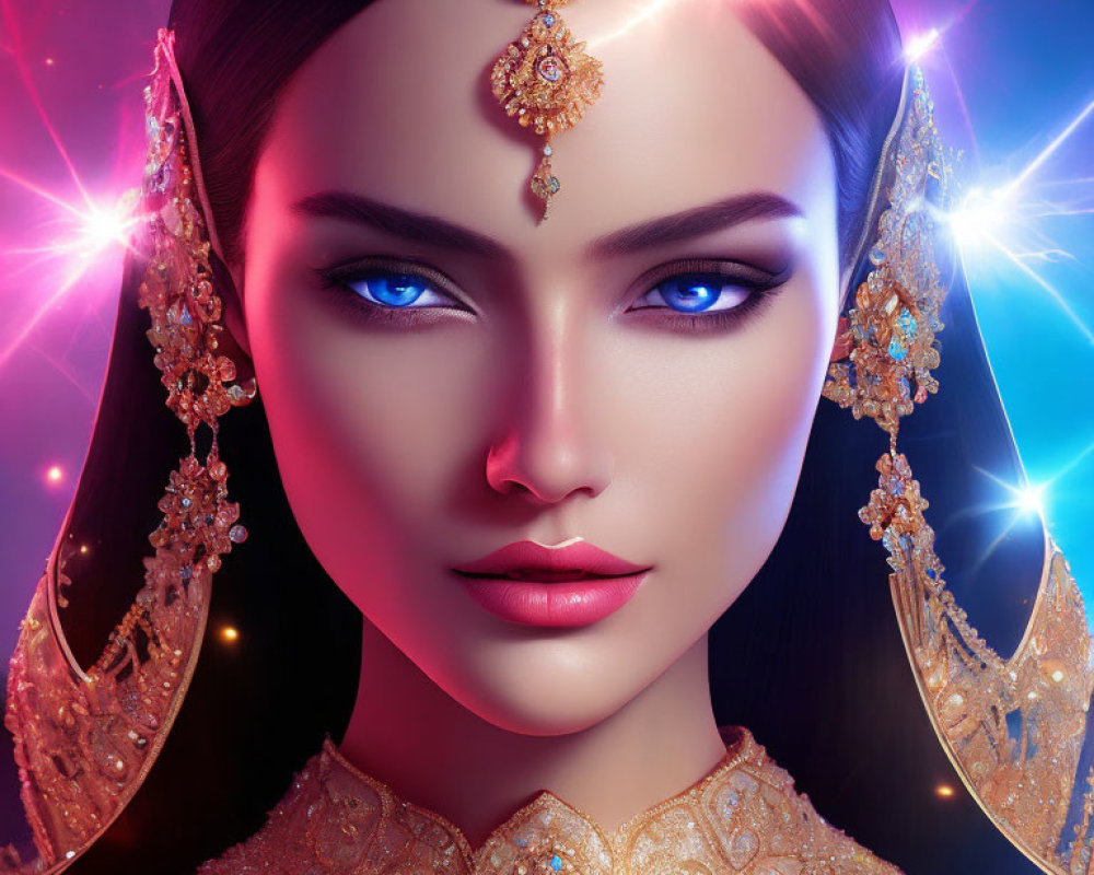 Digitally created woman with blue eyes and gold jewelry on vibrant background