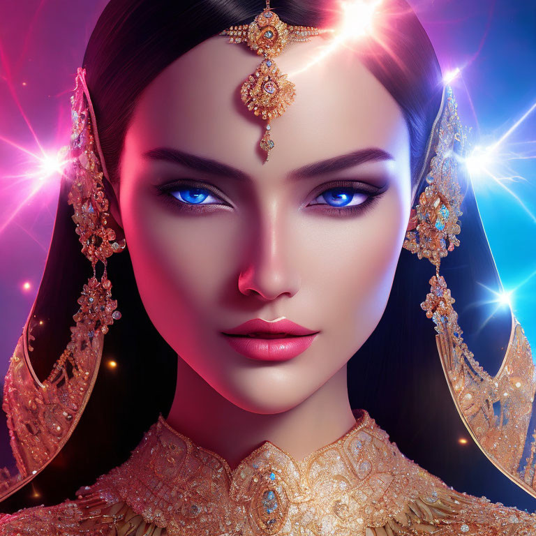 Digitally created woman with blue eyes and gold jewelry on vibrant background