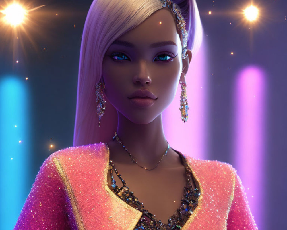 Platinum Blonde 3D Animated Character in Pink Sparkling Jacket