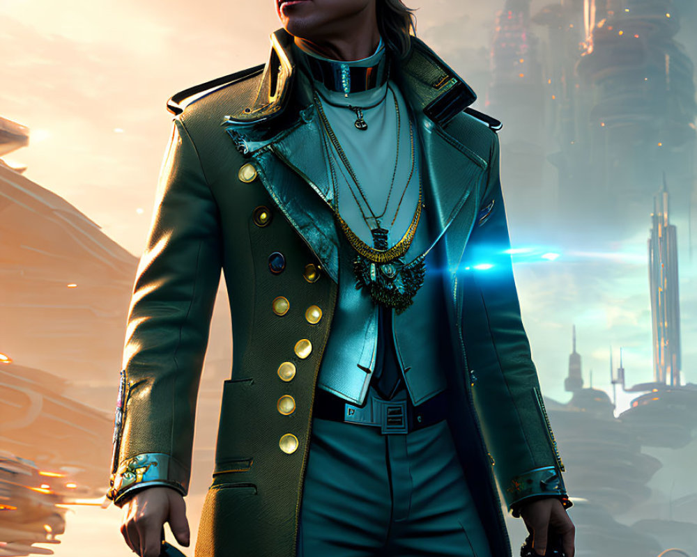 Futuristic man in stylish attire with sunglasses in neon-lit cityscape