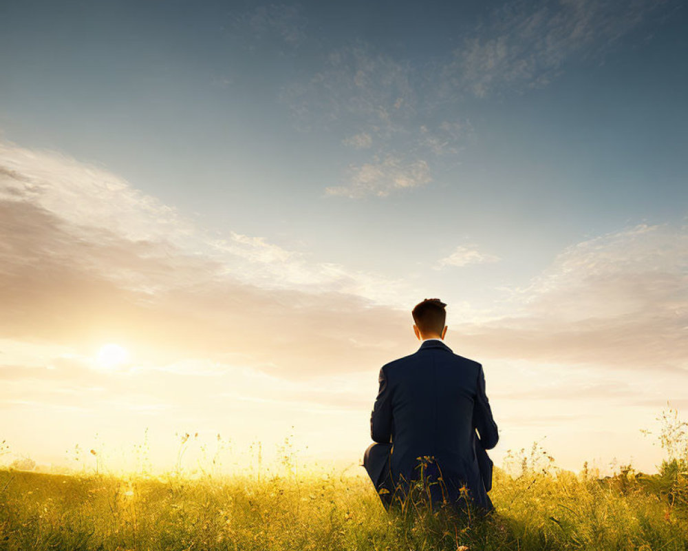 Man in suit sitting in grassy field at sunset under cloudy sky