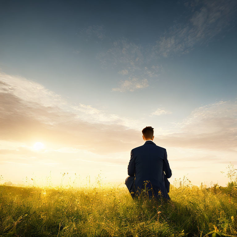 Man in suit sitting in grassy field at sunset under cloudy sky