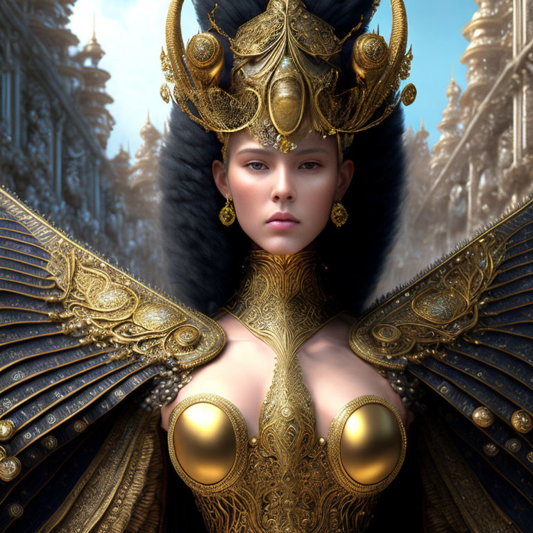 Regal character in golden armor with winged shoulders in snowy fantasy setting