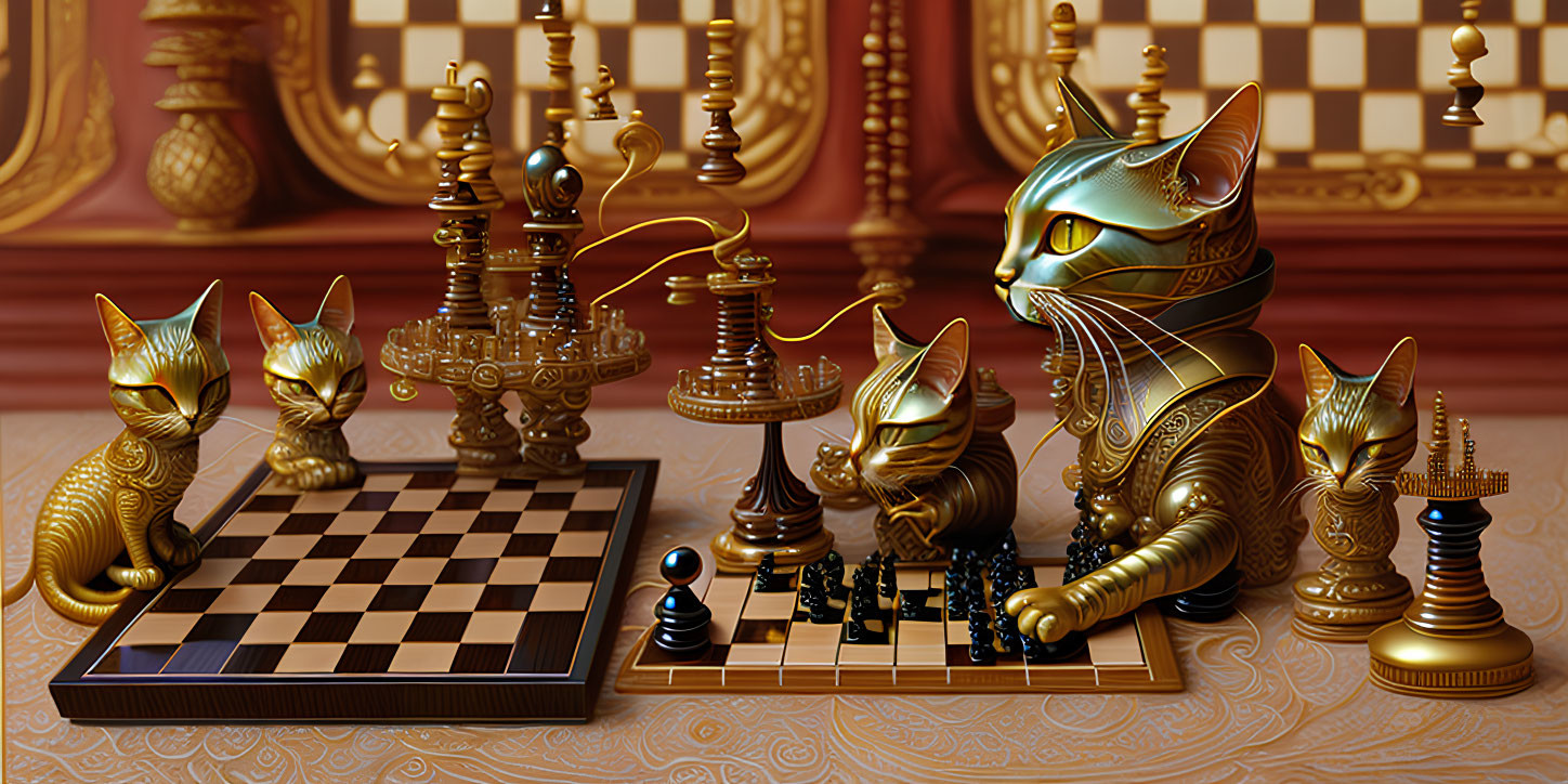 Golden Cat Figurines on Chessboard in Opulent Room with Chess Decorations