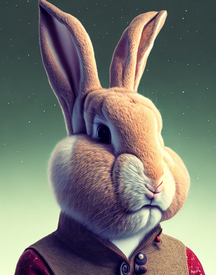 Stylized rabbit with large ears in burgundy outfit on starry background